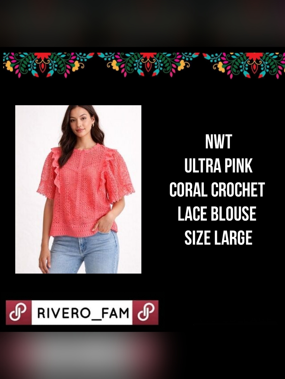 NWT | ULTRA PINK | CORAL CROCHET LACE BLOUSE | SIZE LARGE